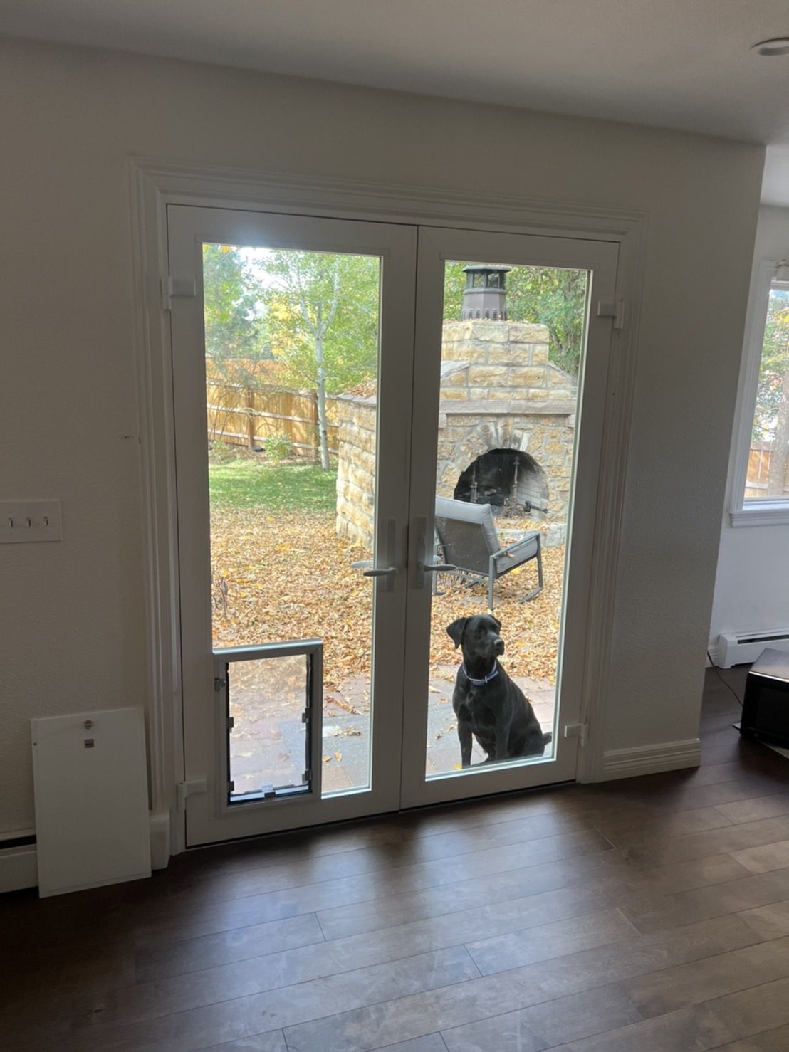 White Win-Dor in-swing French patio door with a Hale pet door in the glass, seen from inside